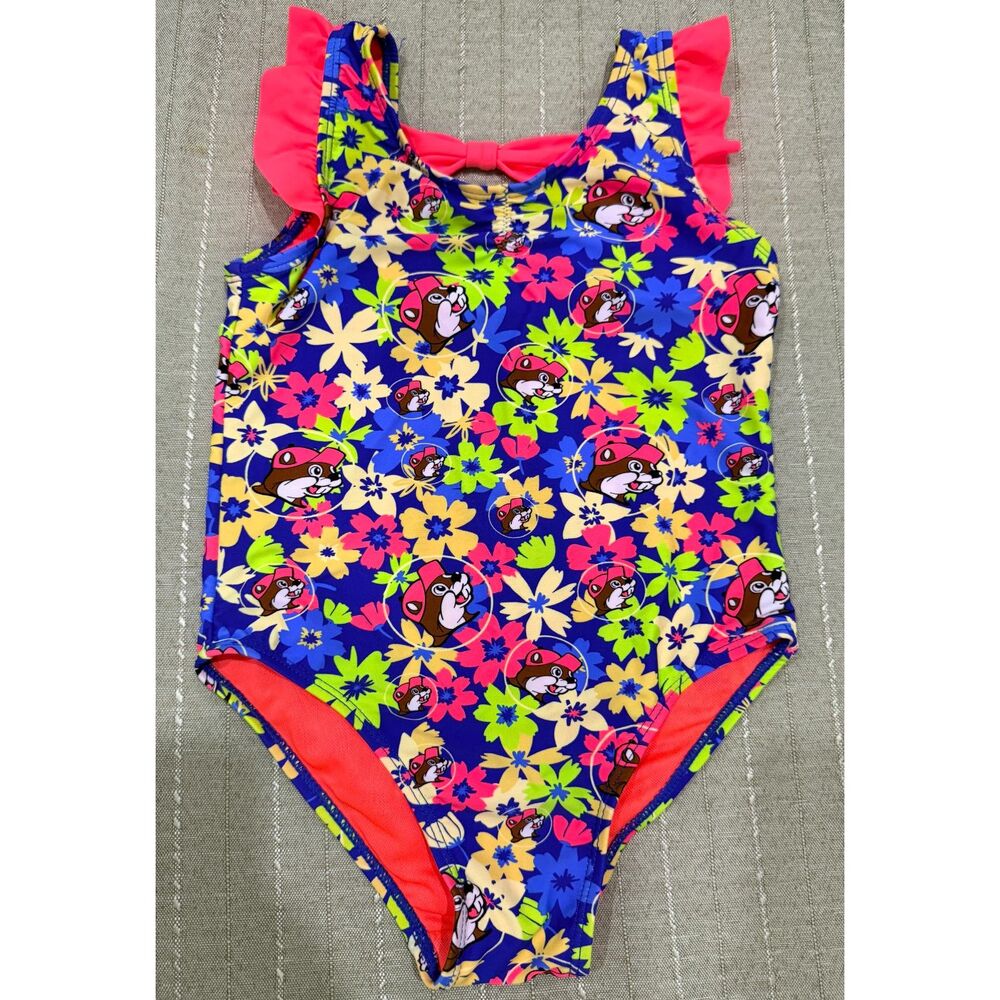 Buc-ee's Girls One-Piece Swimsuit | Beaver Print | Ruffle Shoulder | Size 4T